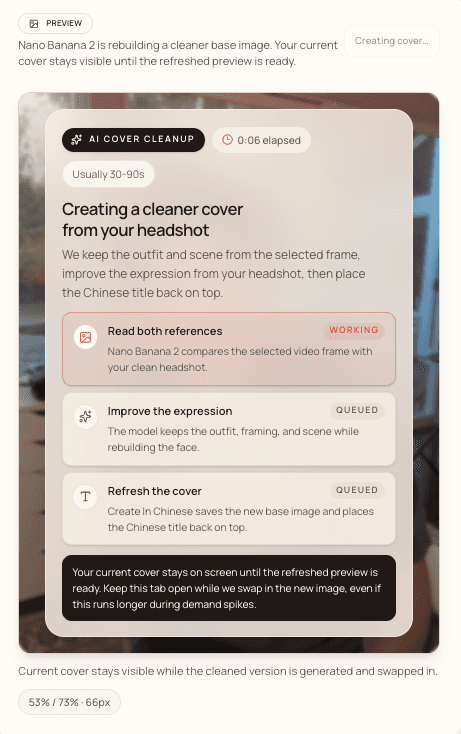 AI Cover Cleanup processing — three-step pipeline reading references, improving expression, and refreshing the cover