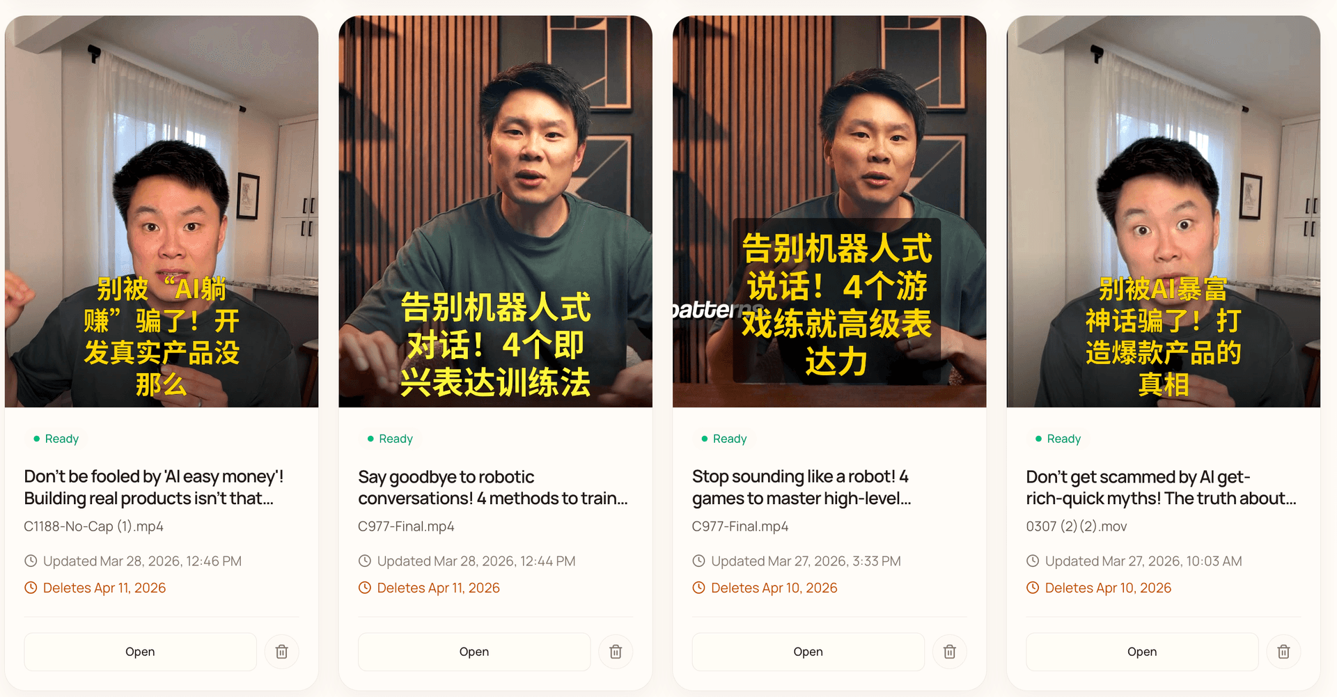 Create In Chinese Library showing four completed videos with Chinese cover images and Ready status
