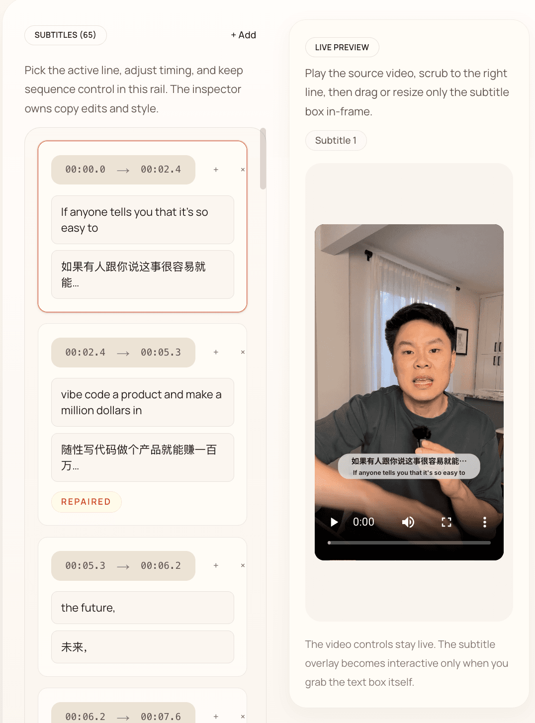 Subtitle editor showing timed segments with English and Chinese text side by side, plus a live video preview