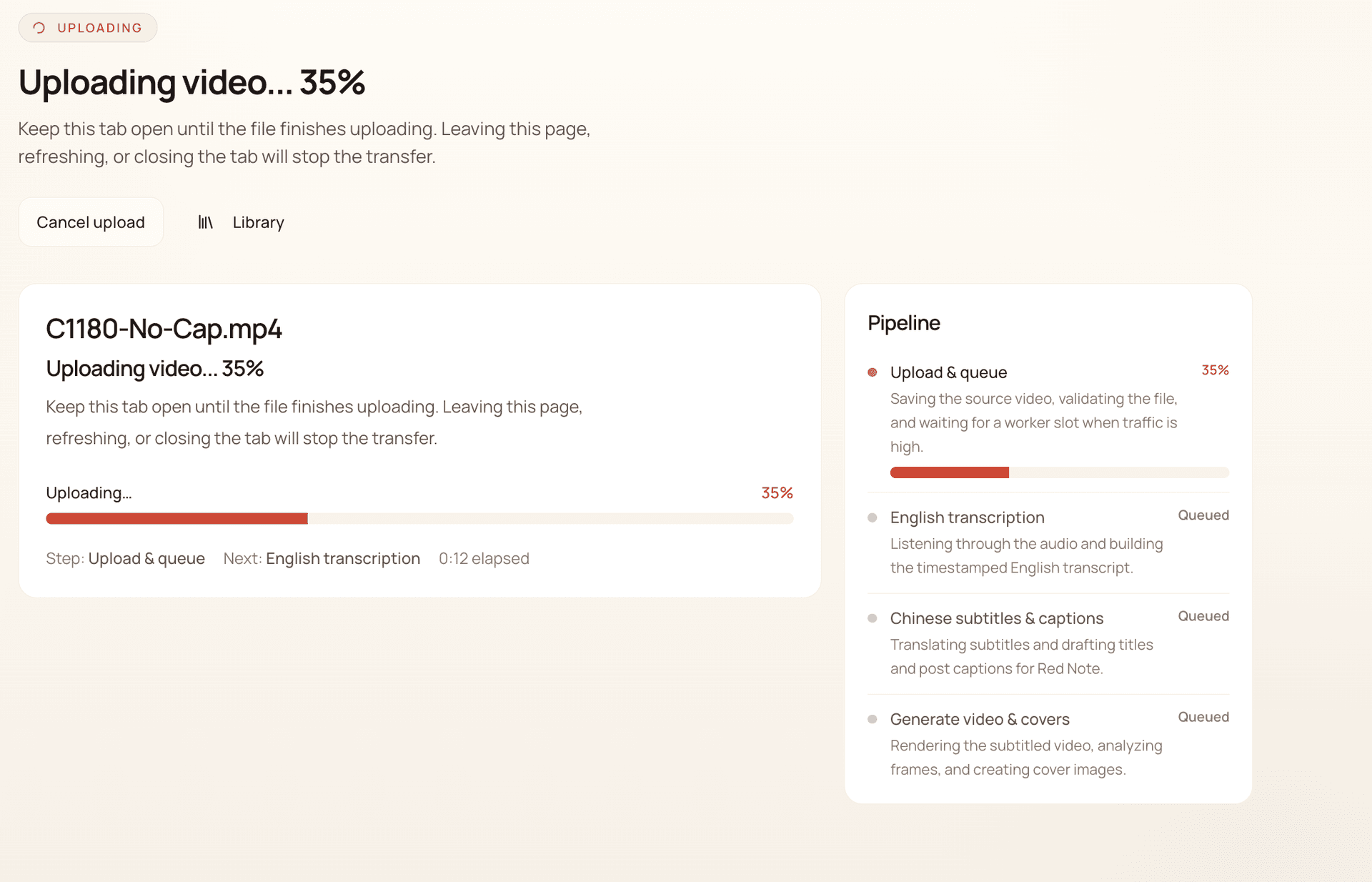 Upload in progress at 35% with pipeline tracker showing four processing steps
