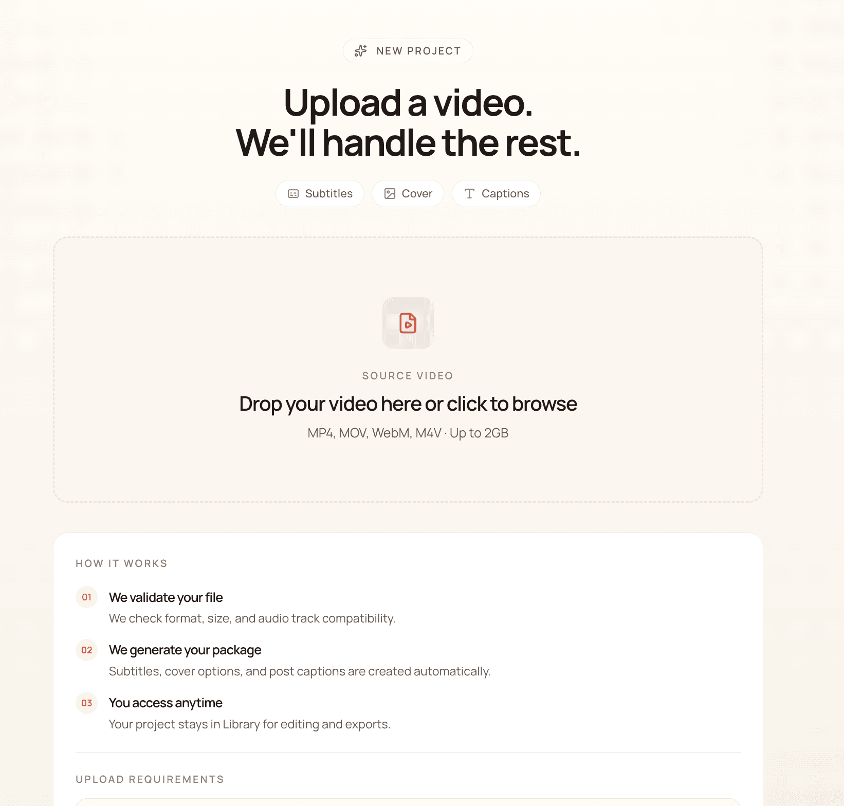 Create In Chinese upload screen — drag and drop zone with supported formats MP4, MOV, WebM, M4V up to 2GB