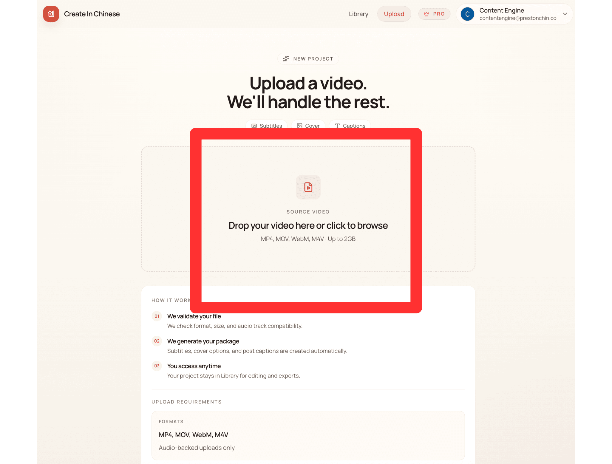 Create In Chinese upload workspace for starting a TikTok-to-Xiaohongshu repurposing flow