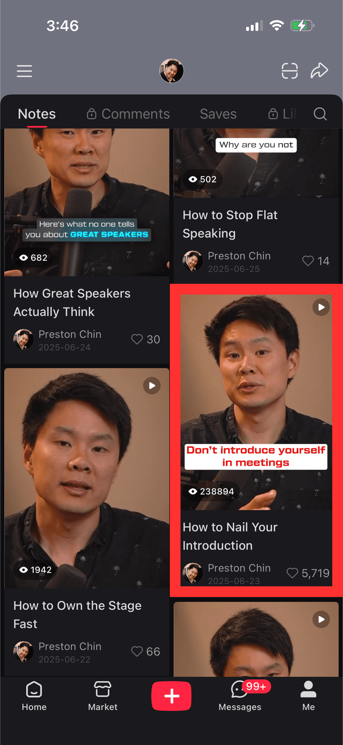 Preston Chin's RedNote profile showing video grid with 238K+ views on How to Nail Your Introduction